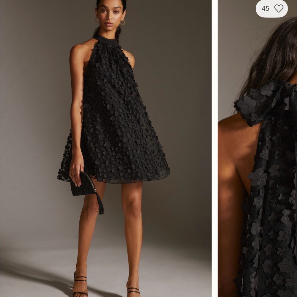 Eva Franco Black Floral Appliqué Halter Mini Dress